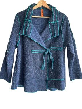 Anya SF Handmade Boho Wrap Jacket Sweater Navy Green Wool Blend Waist Tie S/M